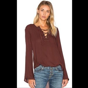 Bella Dahl Maroon Burgundy Bell Sleeve Lace Up Top